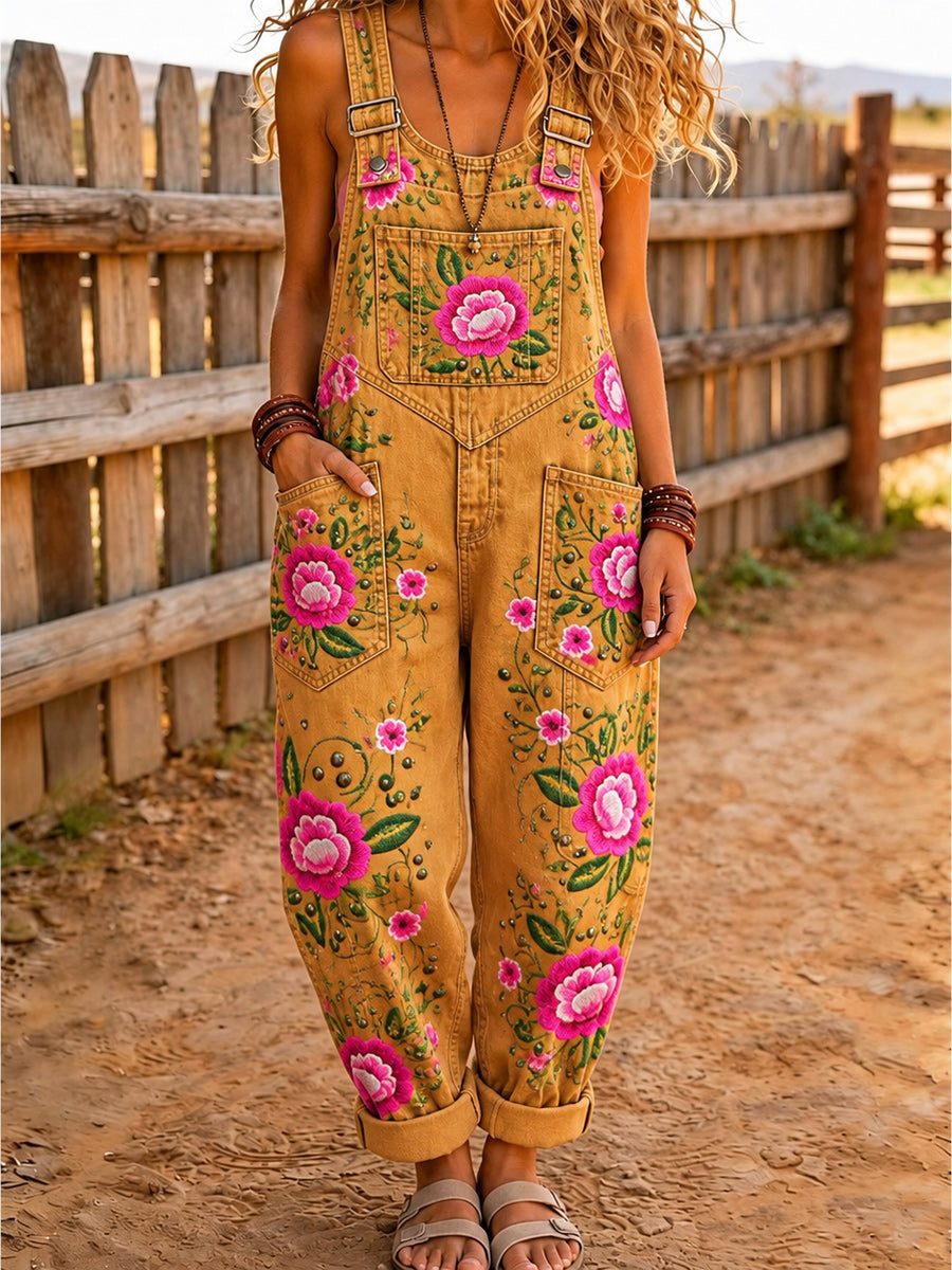 Women's Retro Style Art Print Washed Cotton Denim Patchwork Jumpsuit