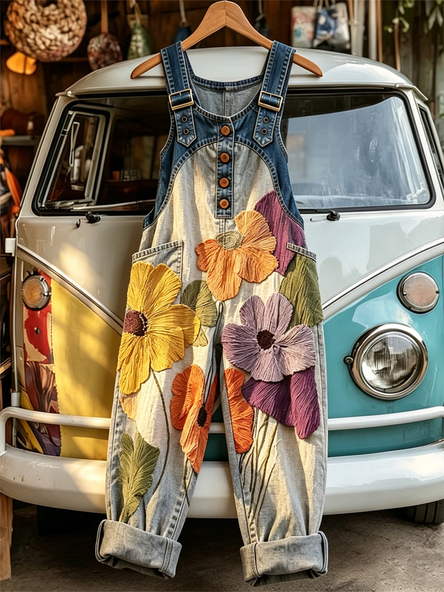 Women's Retro Style Art Print Washed Cotton Denim Patchwork Jumpsuit