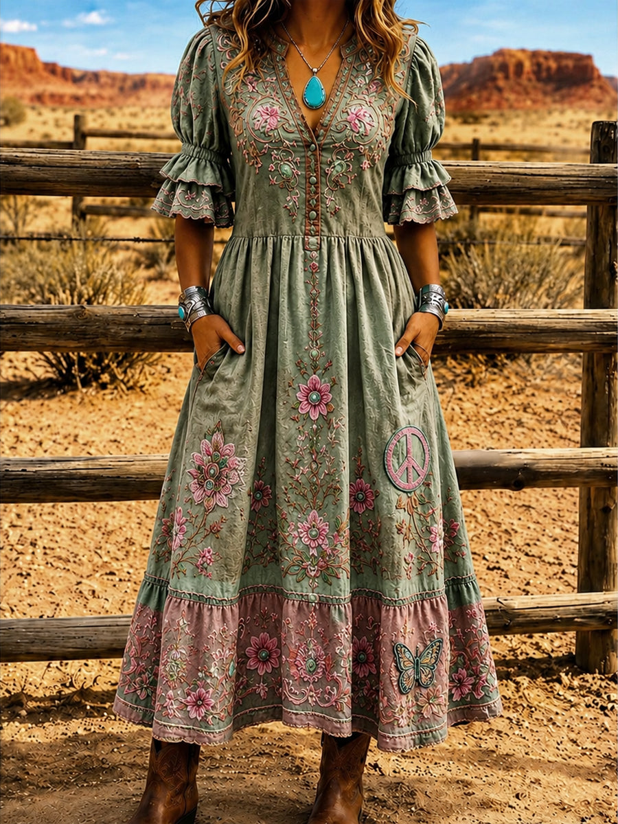 Women's Retro Art Print Washed Cotton Lace Patchwork Midi Dress