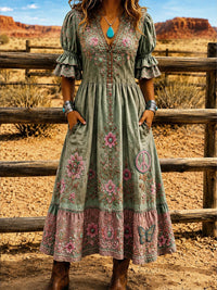 Women's Retro Art Print Washed Cotton Lace Patchwork Midi Dress