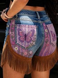 Women's Retro Floral Art Print Casual Leather Fringe Patchwork Pocket Shorts