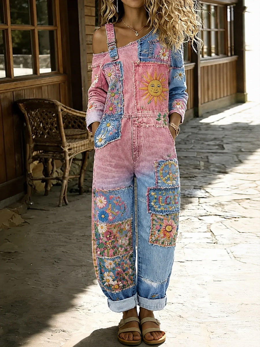 Women's Retro Art Print Washed Cotton Denim Patchwork Jumpsuit