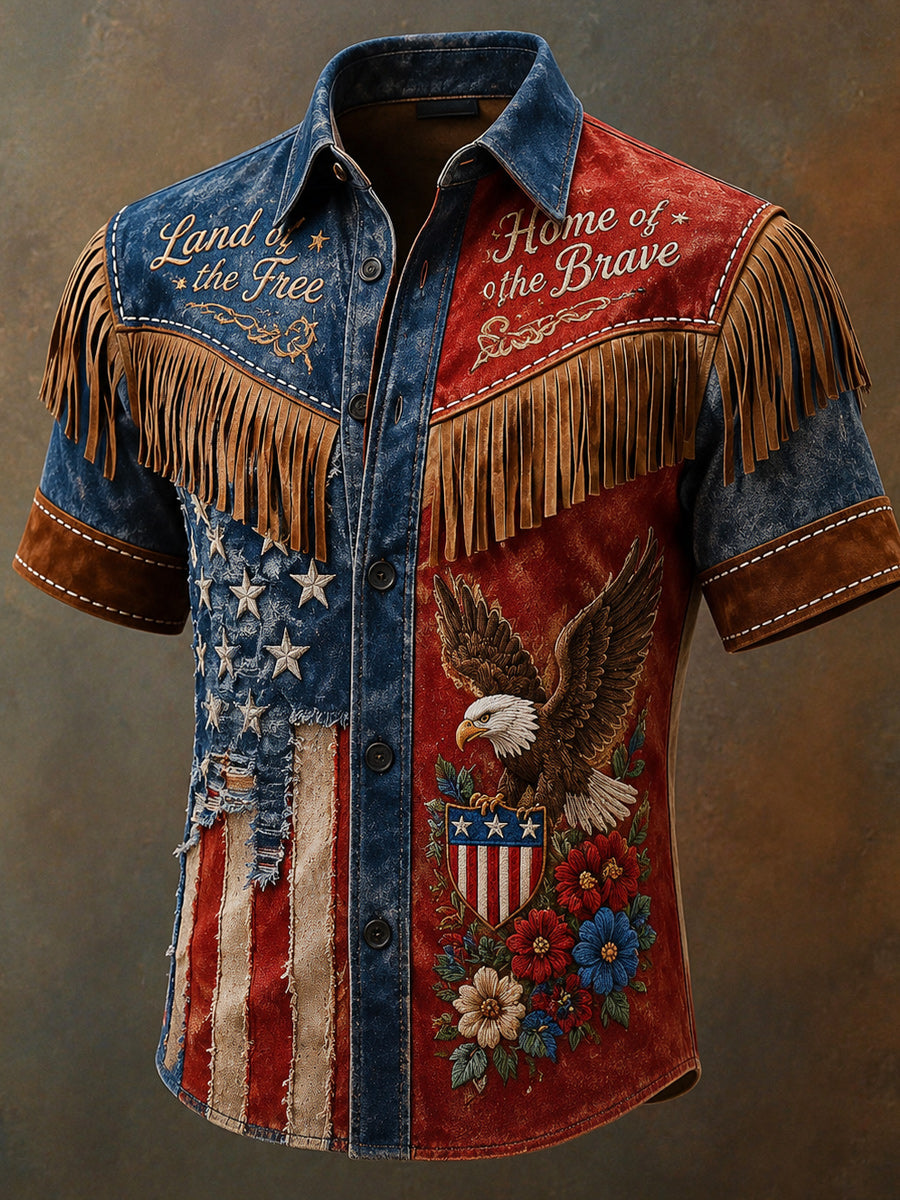 Men's Retro Western Printed Vintage Tassel Casual Short Sleeves Shirt