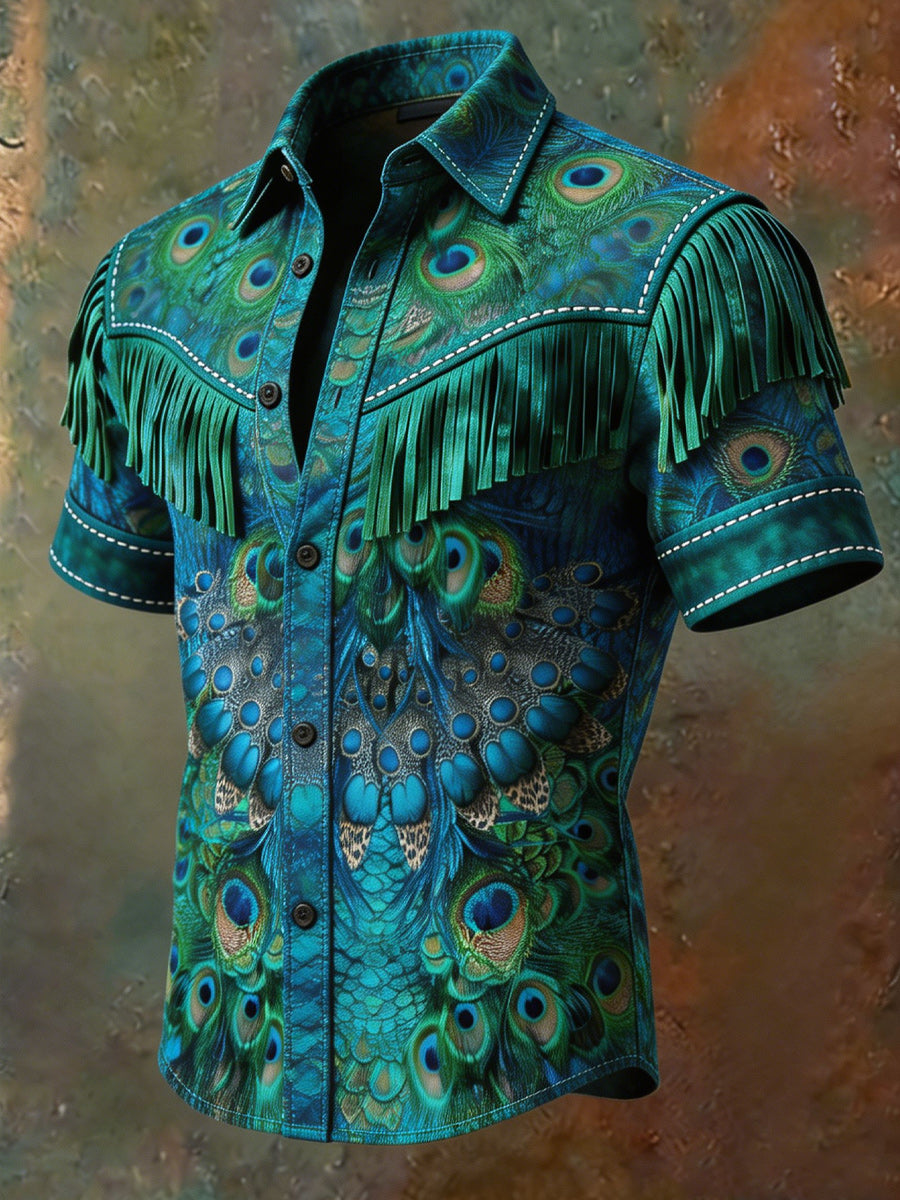 Men's Retro Art Printed Vintage Tassel Casual Short Sleeves Shirt