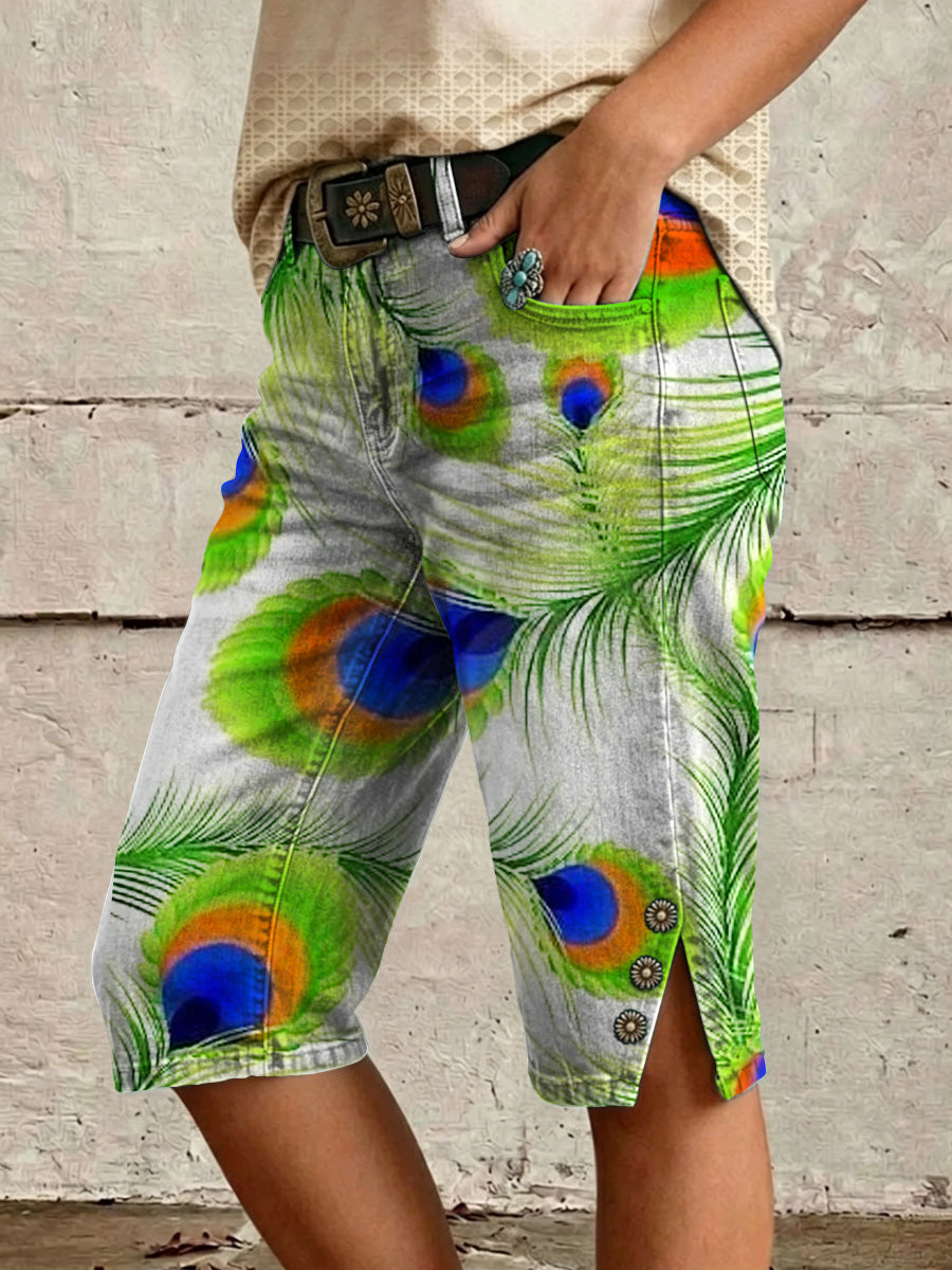 Retro Style Floral Print Vintage Casual Denim Shorts