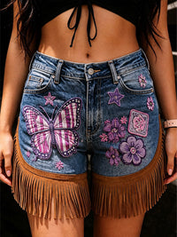 Women's Retro Floral Art Print Casual Leather Fringe Patchwork Pocket Shorts