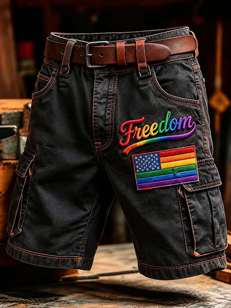 Men's Retro Pride Month Rainbow Art Print Casual Loose Pocket Work Shorts