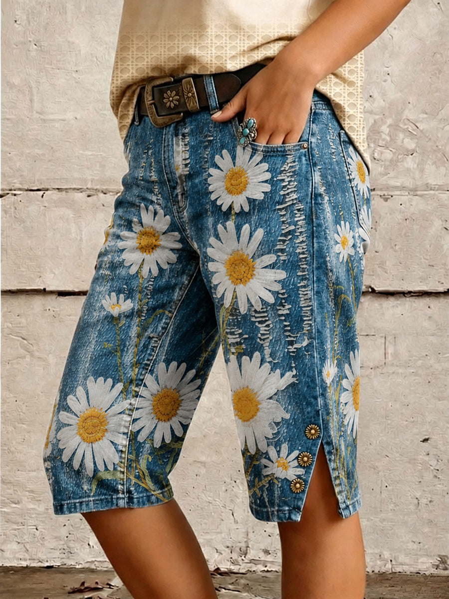Retro Style Floral Art Print Vintage Casual Denim Shorts
