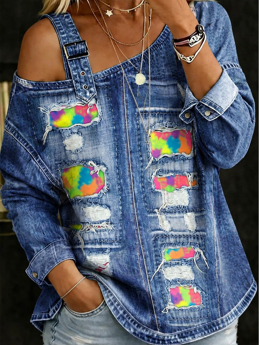 Retro Style Art Print Shoulder Straps Off-The-Shoulder Long Sleeve Top