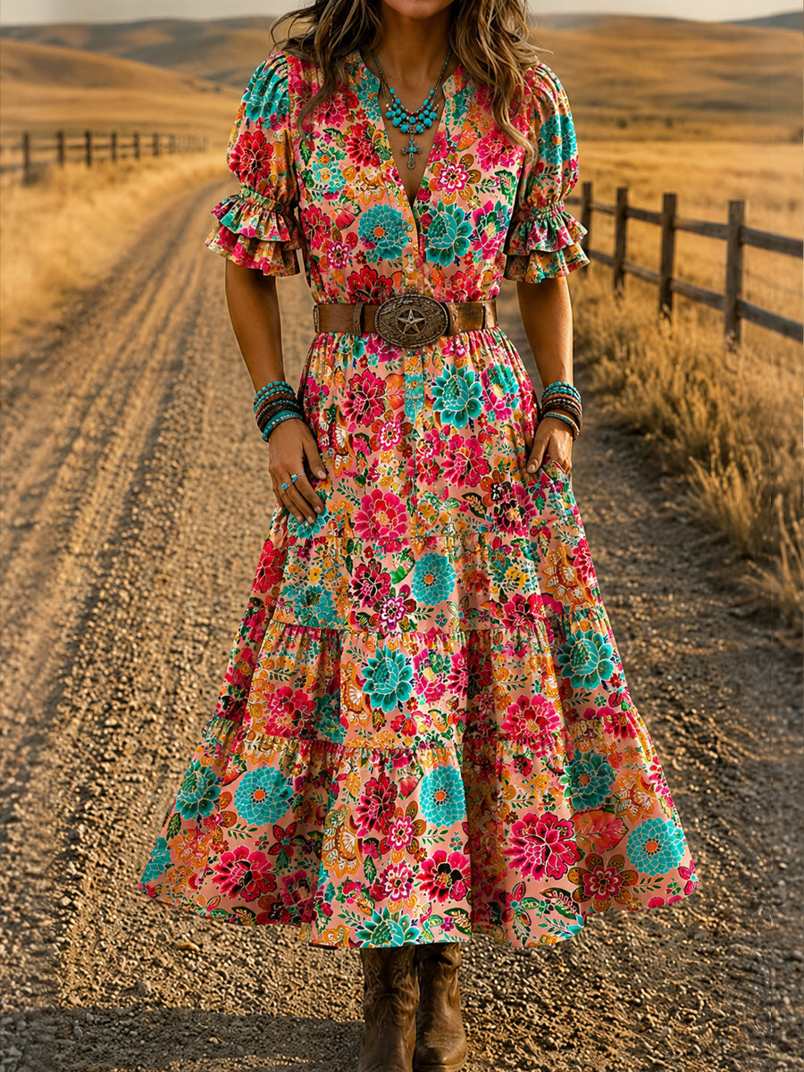 Women's Retro Art Print Washed Cotton Layered Patchwork Midi Dress