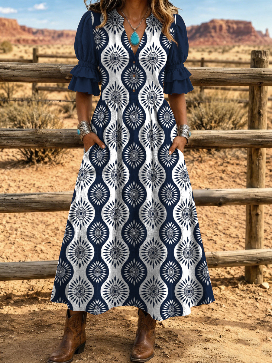 Women's Retro Hippy Art Print Washed Cotton Lace Patchwork Midi Dress