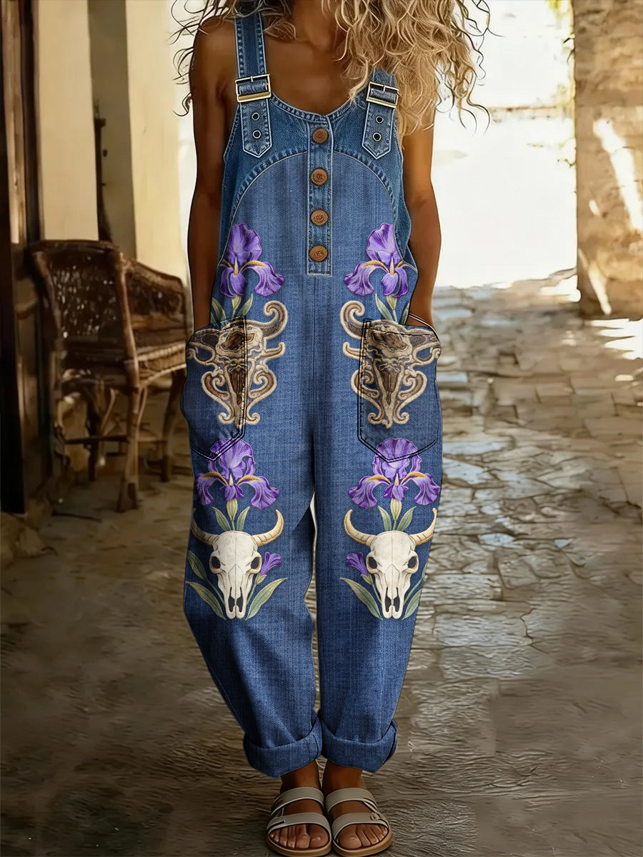 Women's Retro Floral Color-Blocked Art Print Washed Cotton Denim Patchwork Jumpsuit
