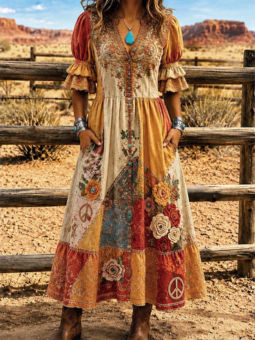 Women's Retro Art Print Washed Cotton Lace Patchwork Midi Dress