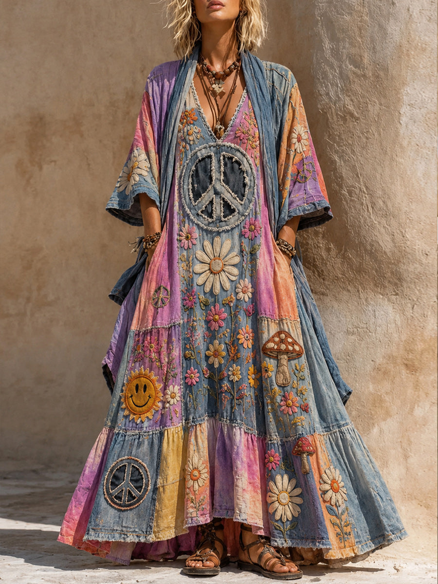 Retro Style Art Printed Vintage Camisole Dress Long Sleeve Two-Piece Maxi Dress