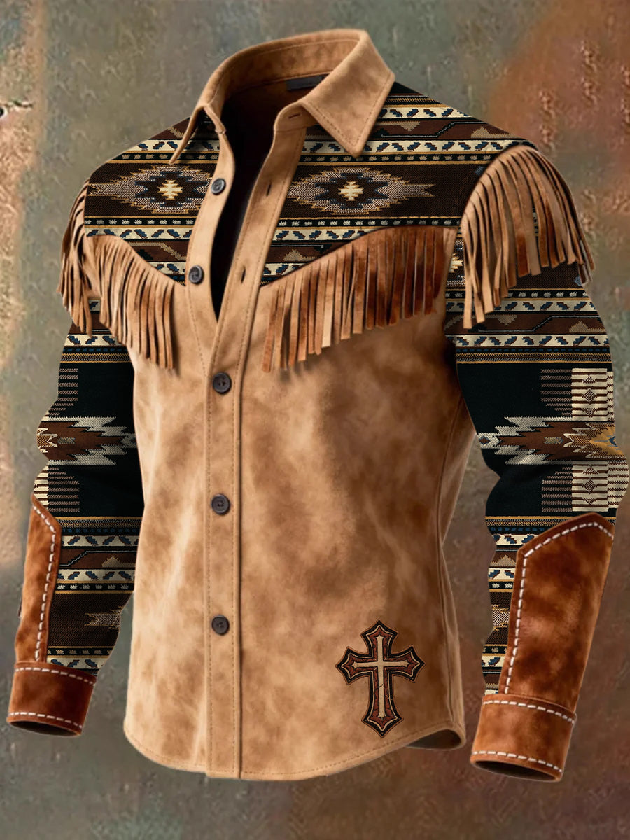 Men's Retro Western Style Art Print Vintage Tassel Casual Long Sleeve Shirt