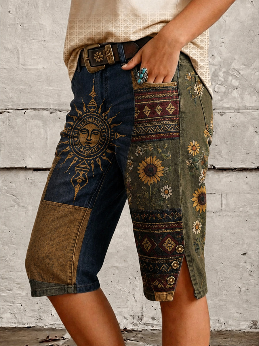 Retro Style Floral Art Print Vintage Casual Denim Shorts