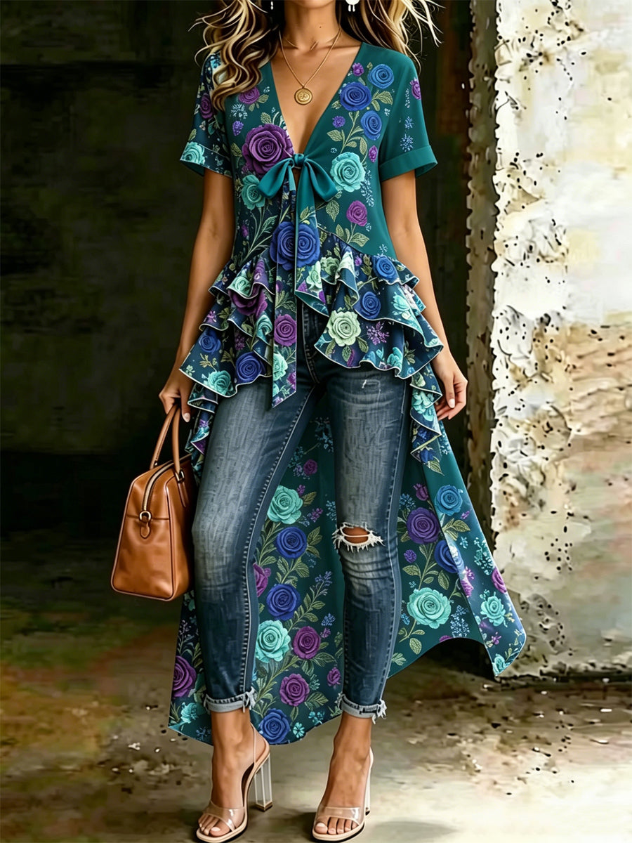 Retro Style Art Printed V-Neck Vintage Casual Irregular Short-Sleeved Top