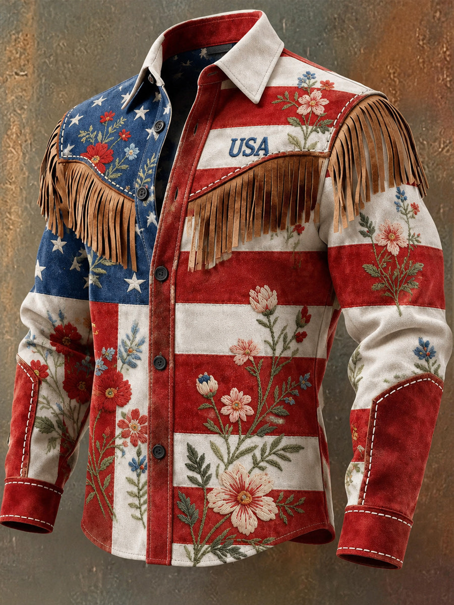 Men's Retro Style Art Print Western Vintage Tassel Casual Long Sleeve Shirt