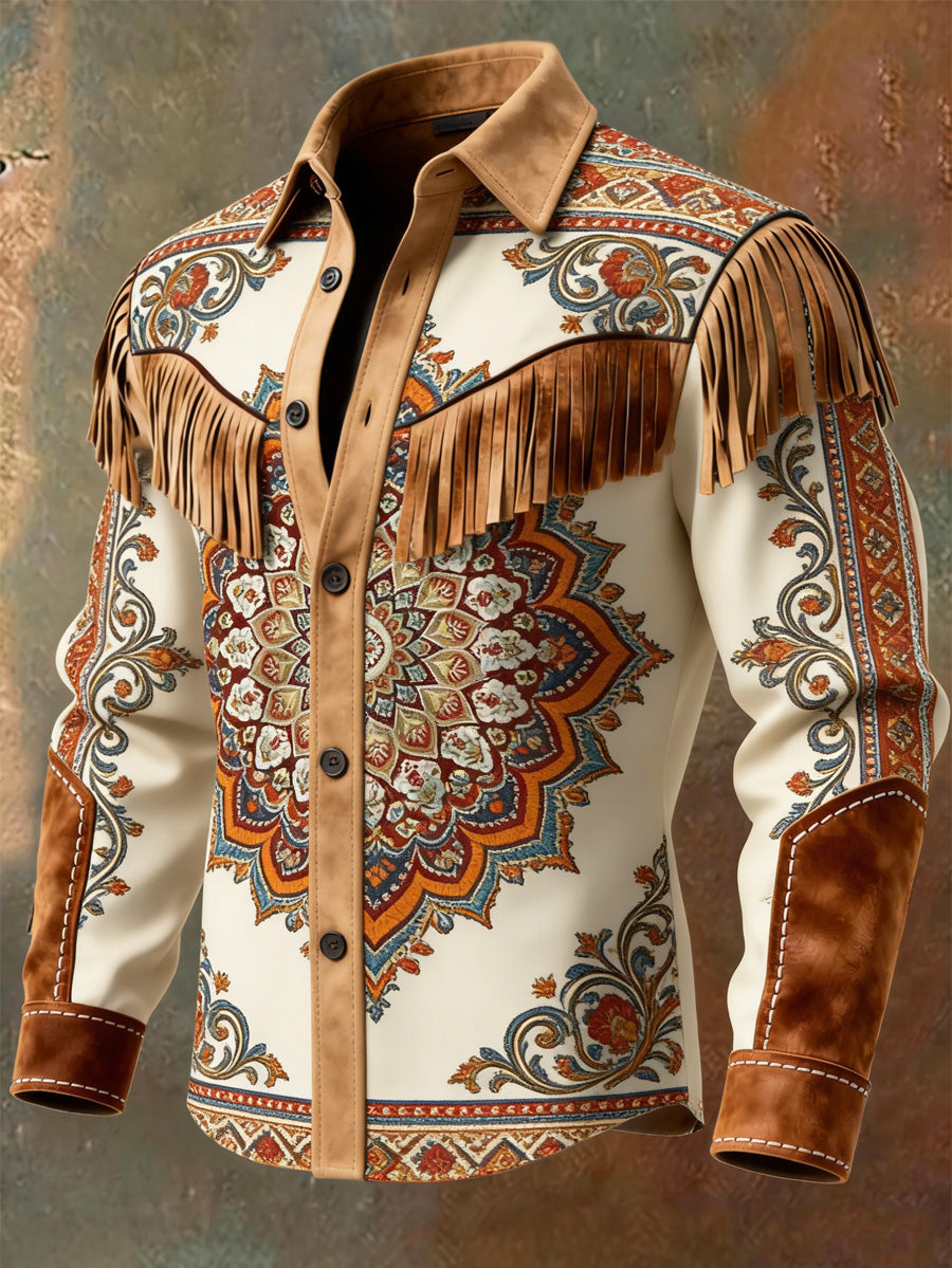 Men's Retro Western Style Art Print Vintage Tassel Casual Long Sleeve Shirt