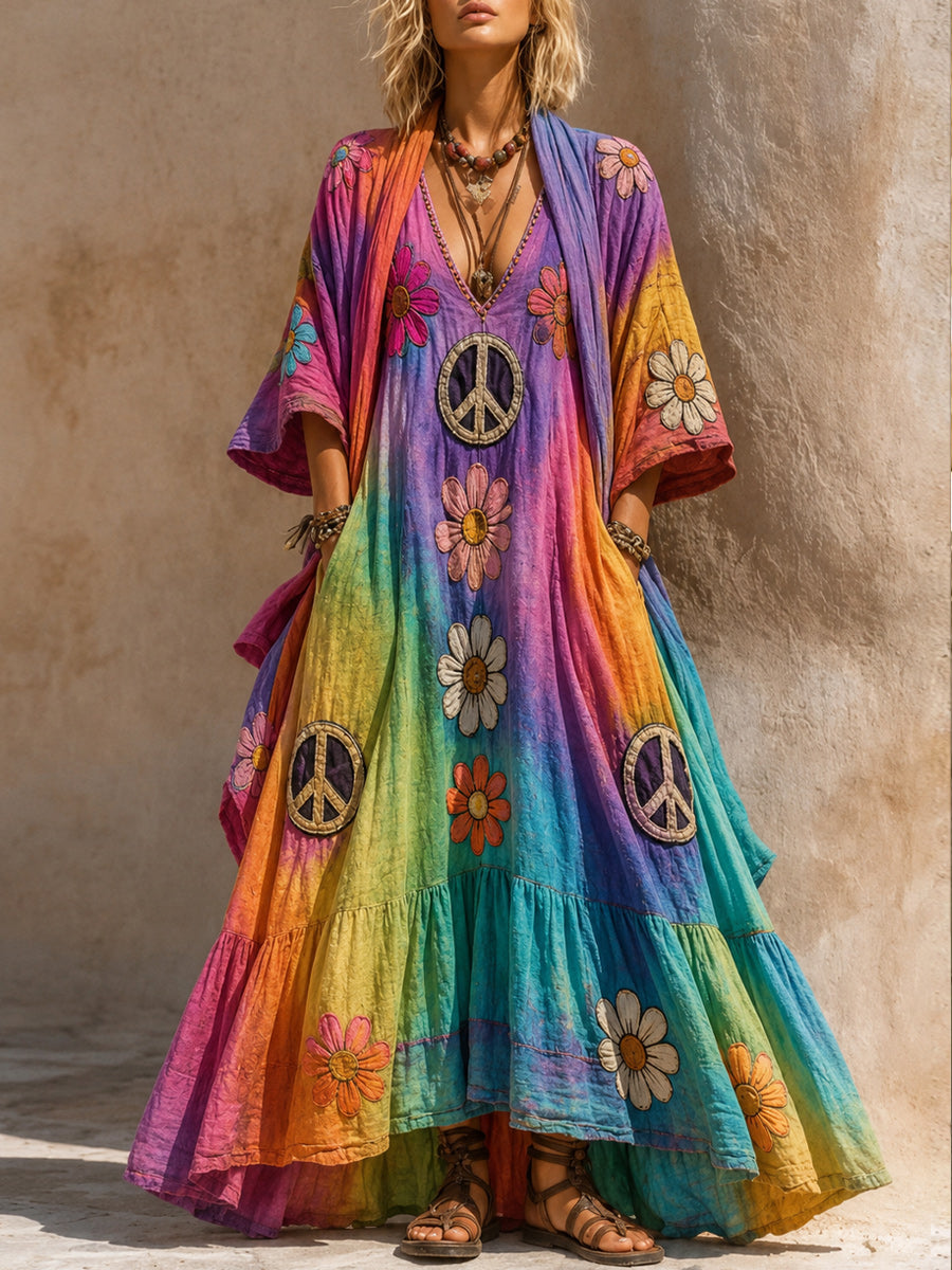 Retro Style Art Printed Vintage Camisole Dress Long Sleeve Two-Piece Maxi Dress