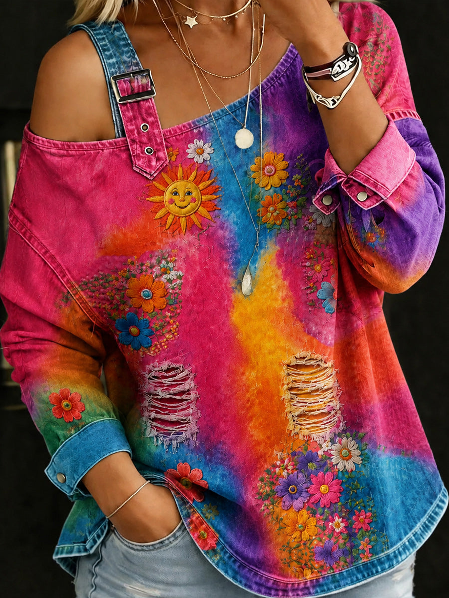 Retro Style Art Print Shoulder Straps Off-The-Shoulder Long Sleeve Top