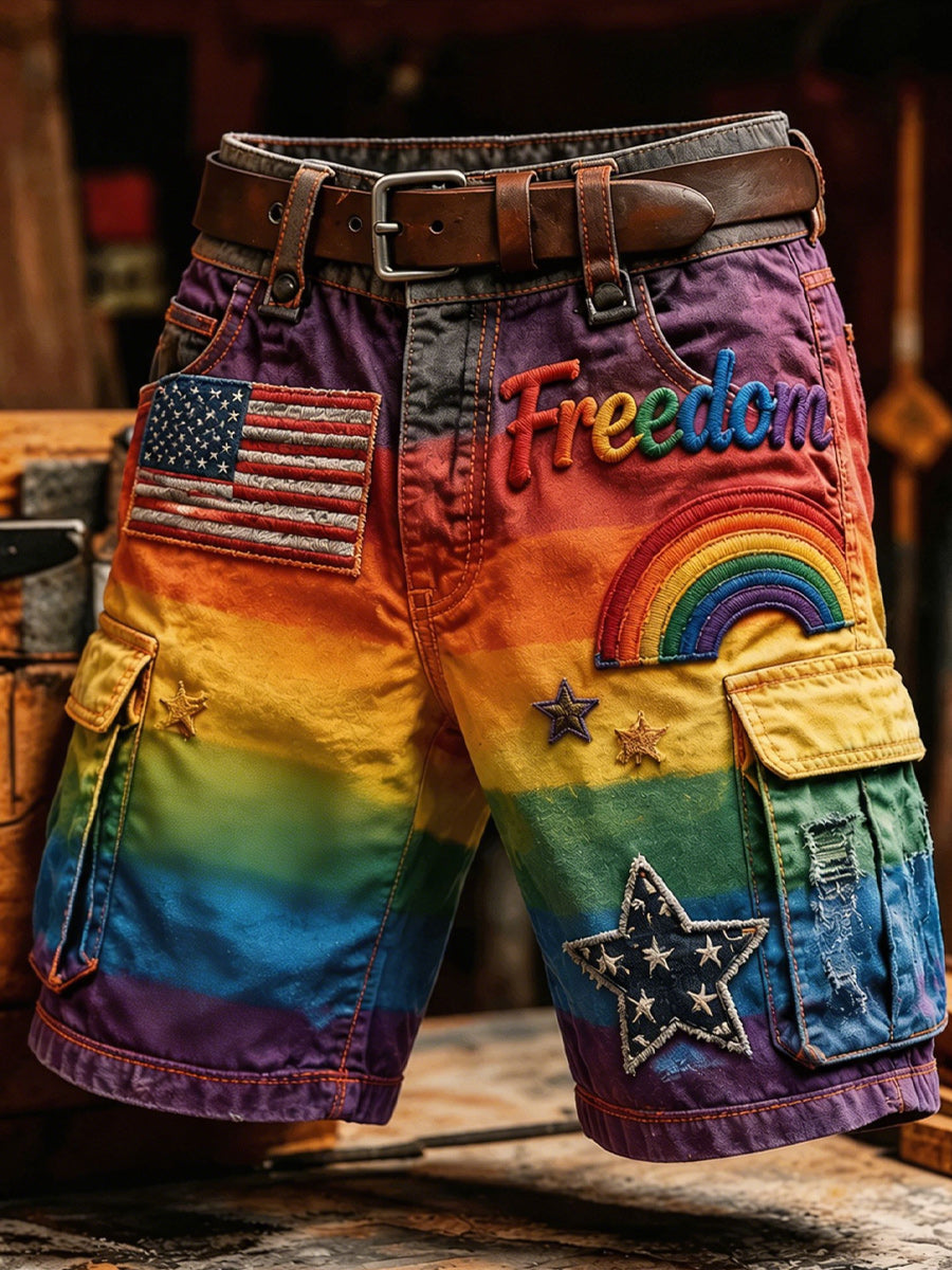Men's Retro Pride Month Rainbow Art Print Casual Loose Pocket Work Shorts