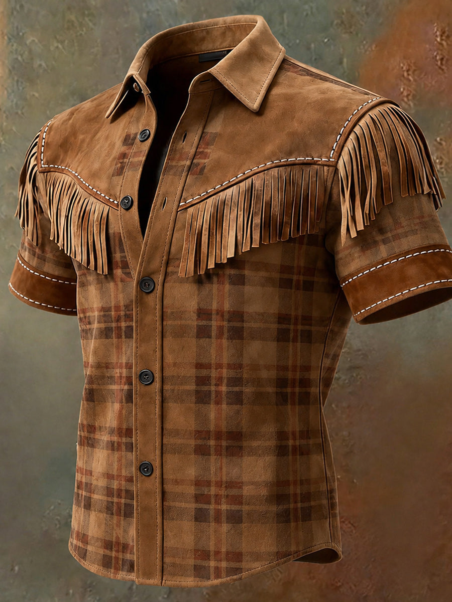 Men's Retro Western Printed Vintage Tassel Casual Short Sleeves Shirt