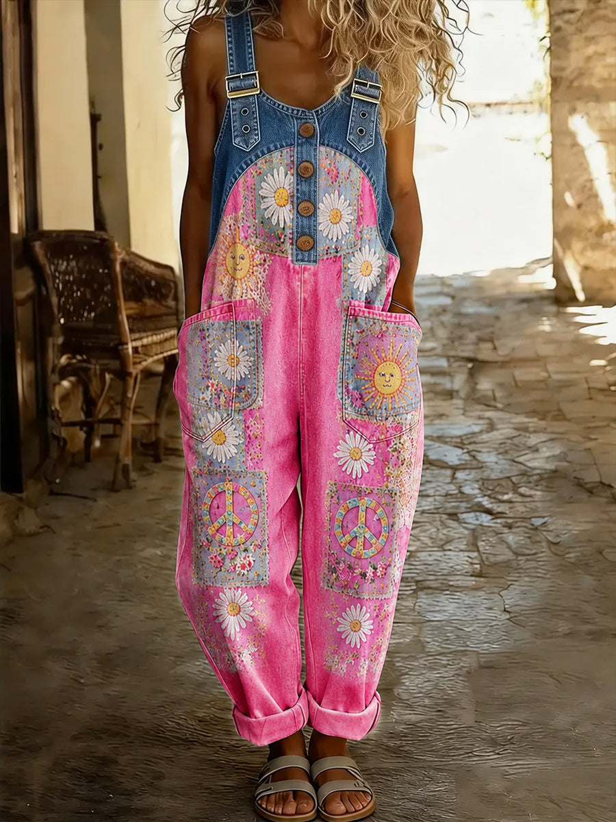 Women's Retro Style Art Print Washed Cotton Denim Patchwork Jumpsuit