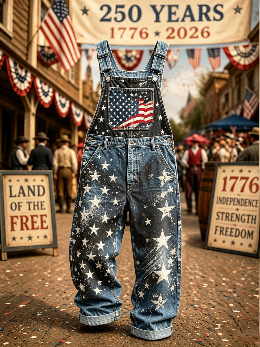 Men's Retro U.S A Freedom Print Vintage Casual Retro Denim Overalls