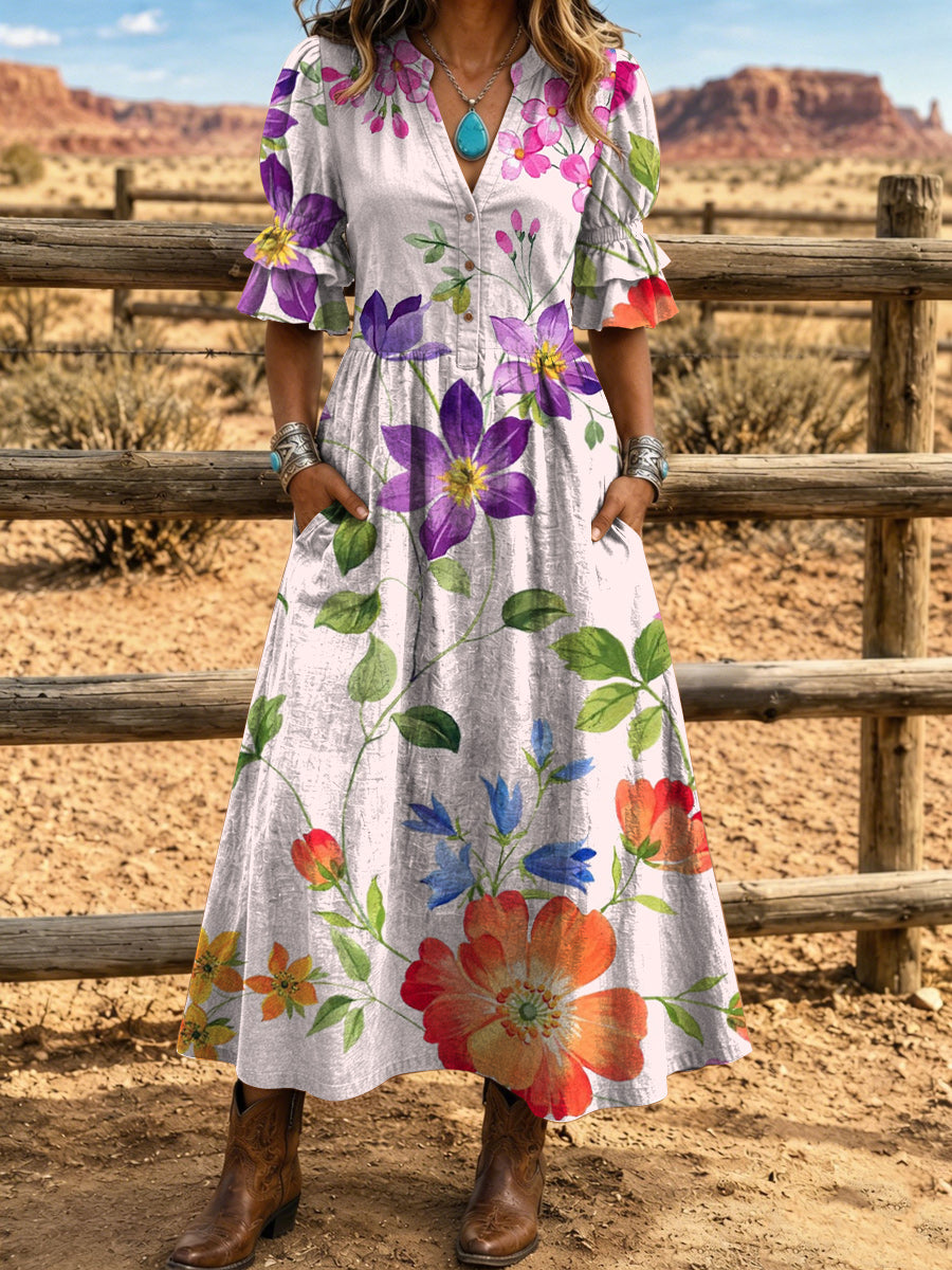 Women's Retro Hippy Art Print Washed Cotton Lace Patchwork Midi Dress