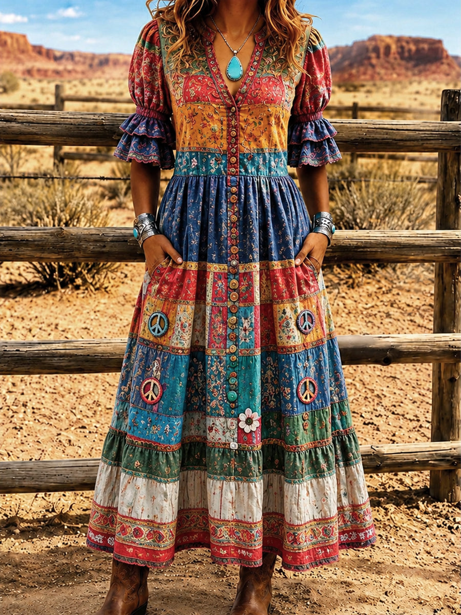 Women's Retro Art Print Washed Cotton Lace Patchwork Midi Dress