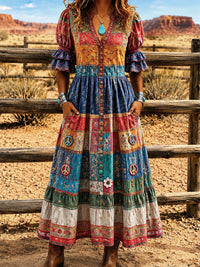 Women's Retro Art Print Washed Cotton Lace Patchwork Midi Dress