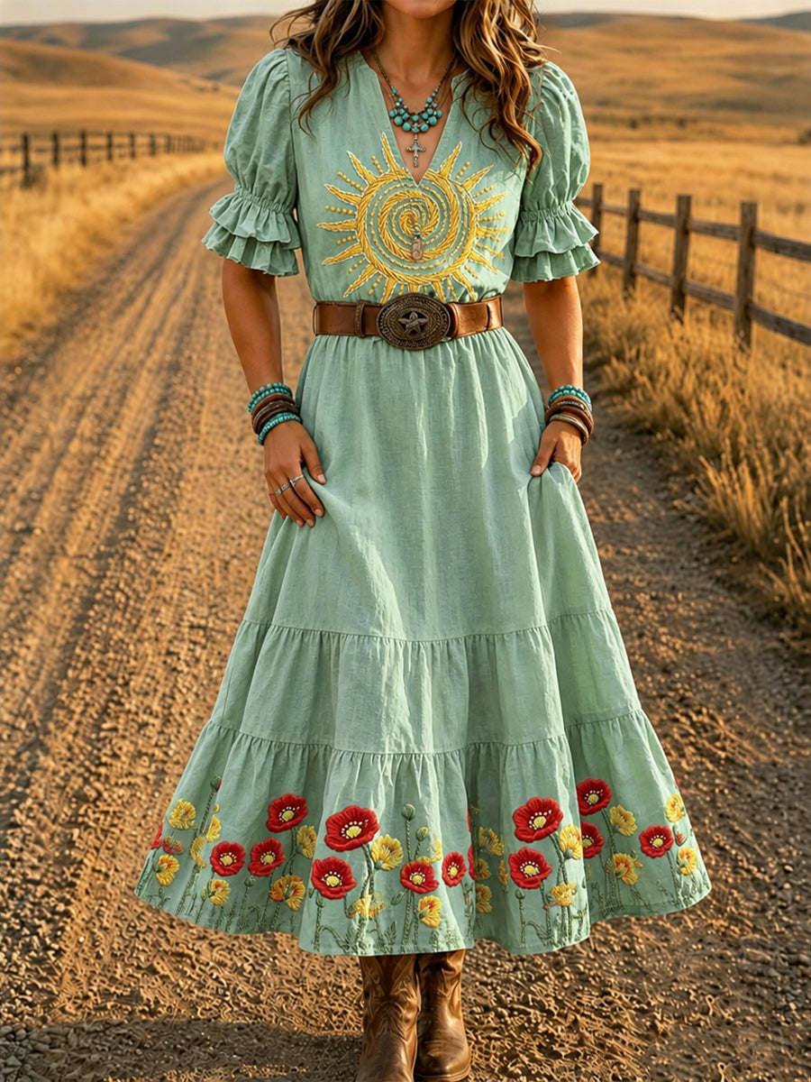 Women's Retro Art Print Washed Cotton Lace Patchwork Midi Dress
