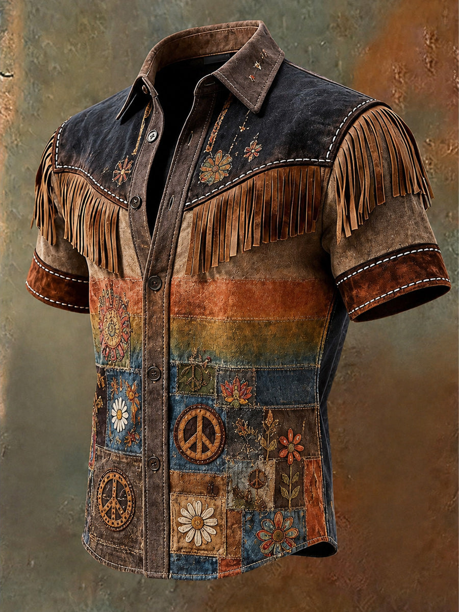 Men's Retro Art Printed Vintage Tassel Casual Short Sleeves Shirt