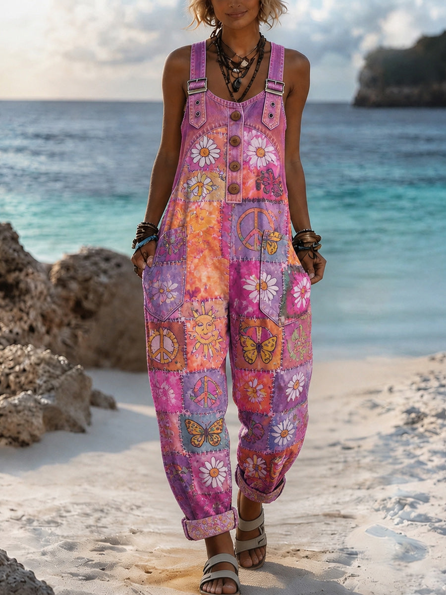 Women's Retro Style Art Print Washed Cotton Denim Patchwork Jumpsuit