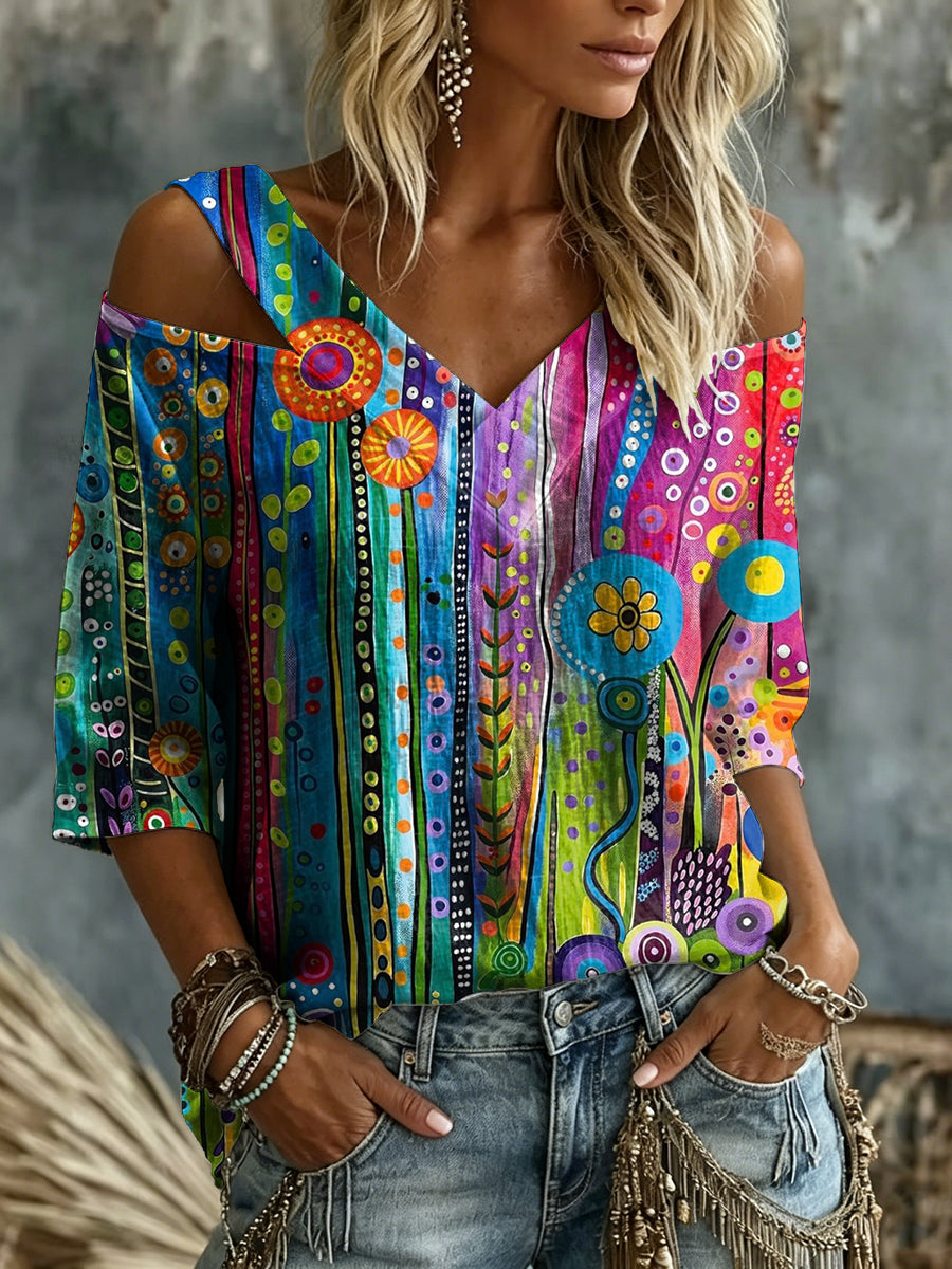Women's Abstract Floral Art Print Cold Shoulder Blouse