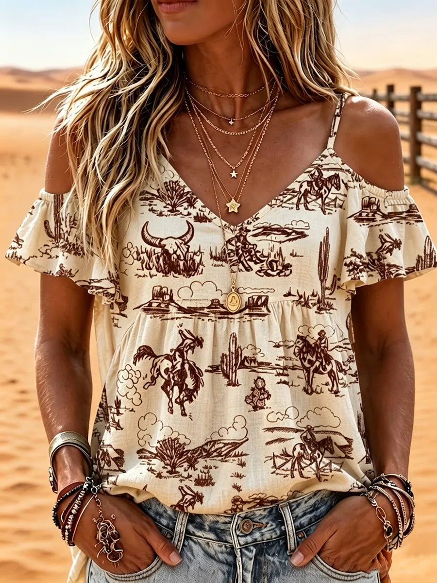 Women'S Retro Western Printed Off Shoulder Top