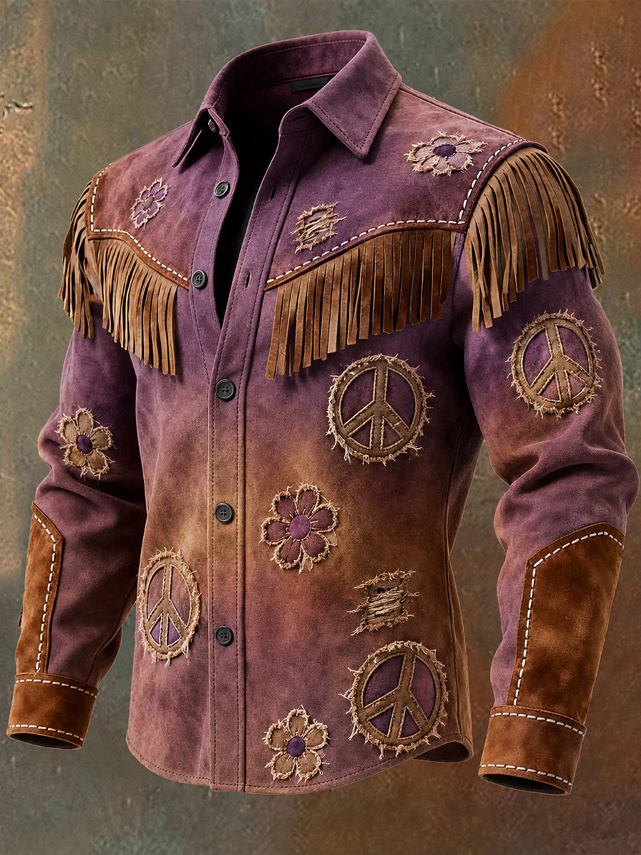 Men's Retro Hippie Art Print Western Vintage Tassel Casual Long Sleeve Shirt