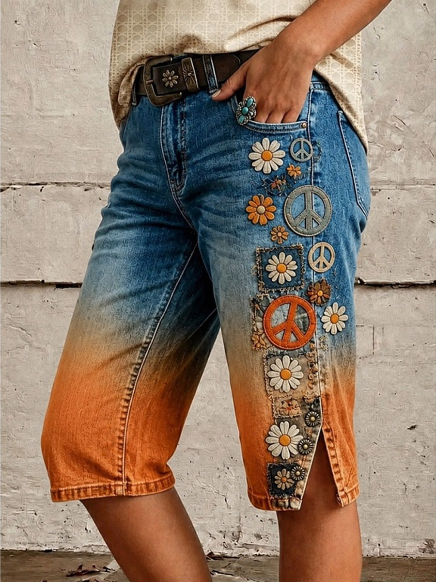 Retro Style Floral Print Vintage Casual Denim Shorts