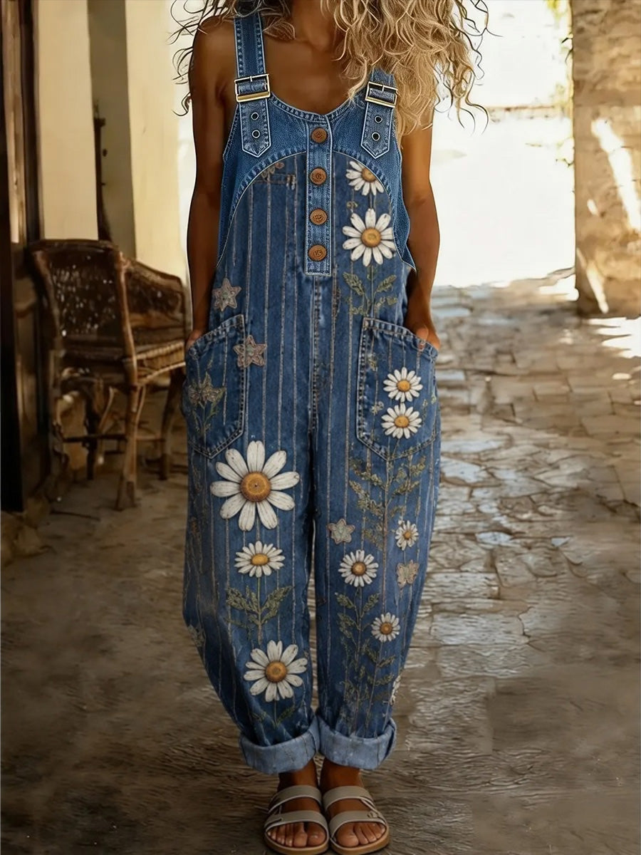 Women's Retro Style Print Washed Cotton Denim Patchwork Jumpsuit