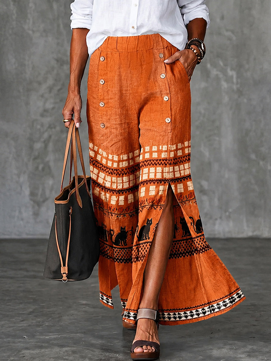 Women's Retro Art Print Button Front Wide Leg Pants