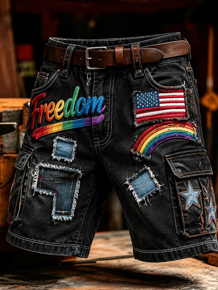 Men's Retro Pride Month Rainbow Art Print Casual Loose Pocket Work Shorts
