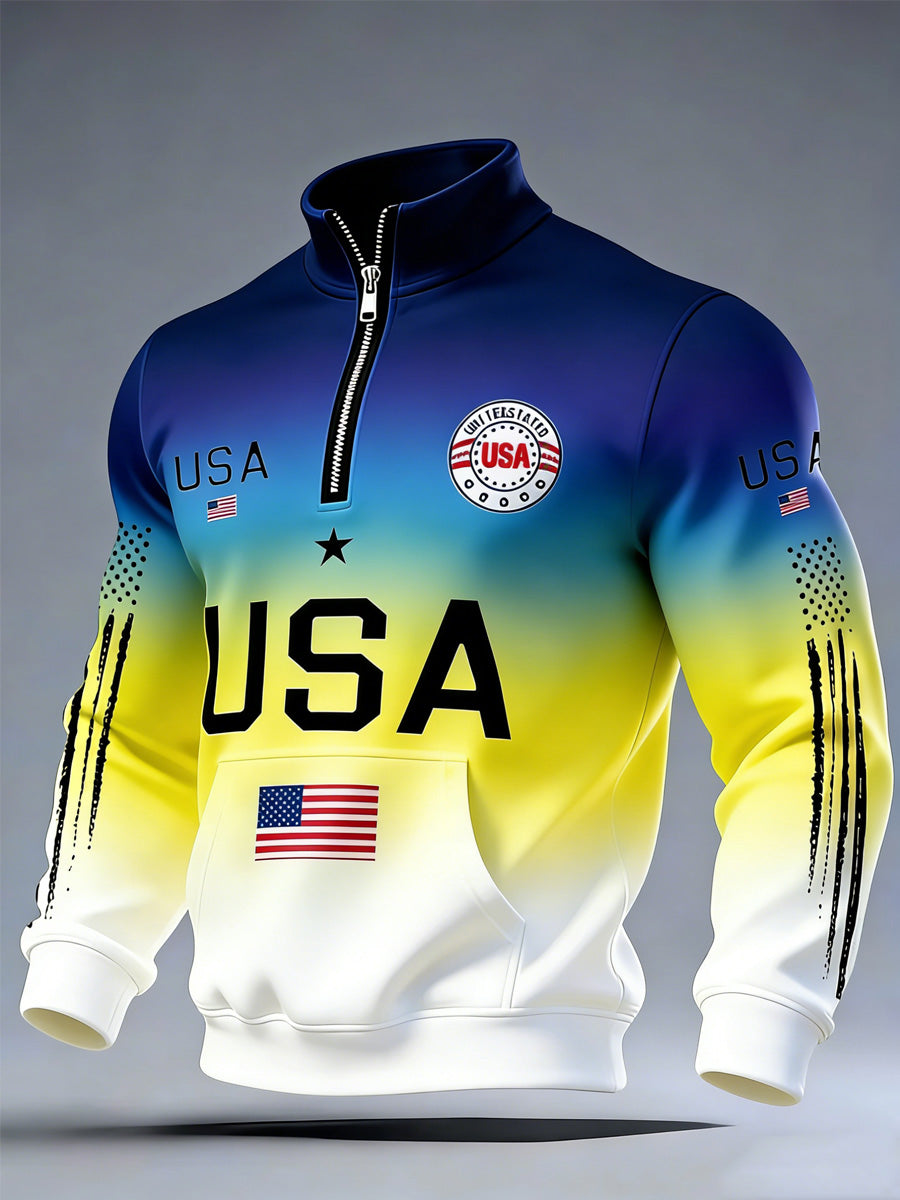 USA Flag Art Print Long Sleeve Zipper Sweatshirt