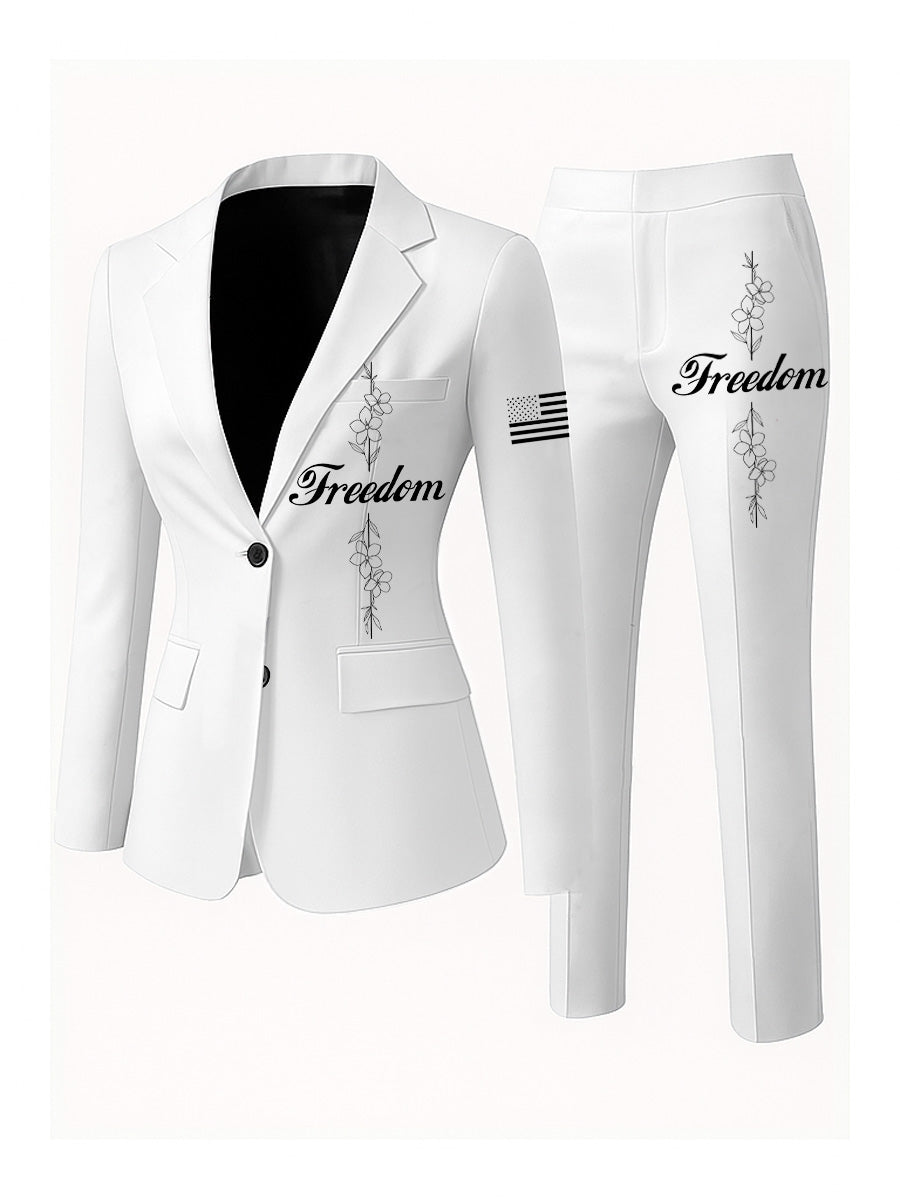 Women's Freedom American Flag Print Casual Blazer Trousers Two-Piece Suits