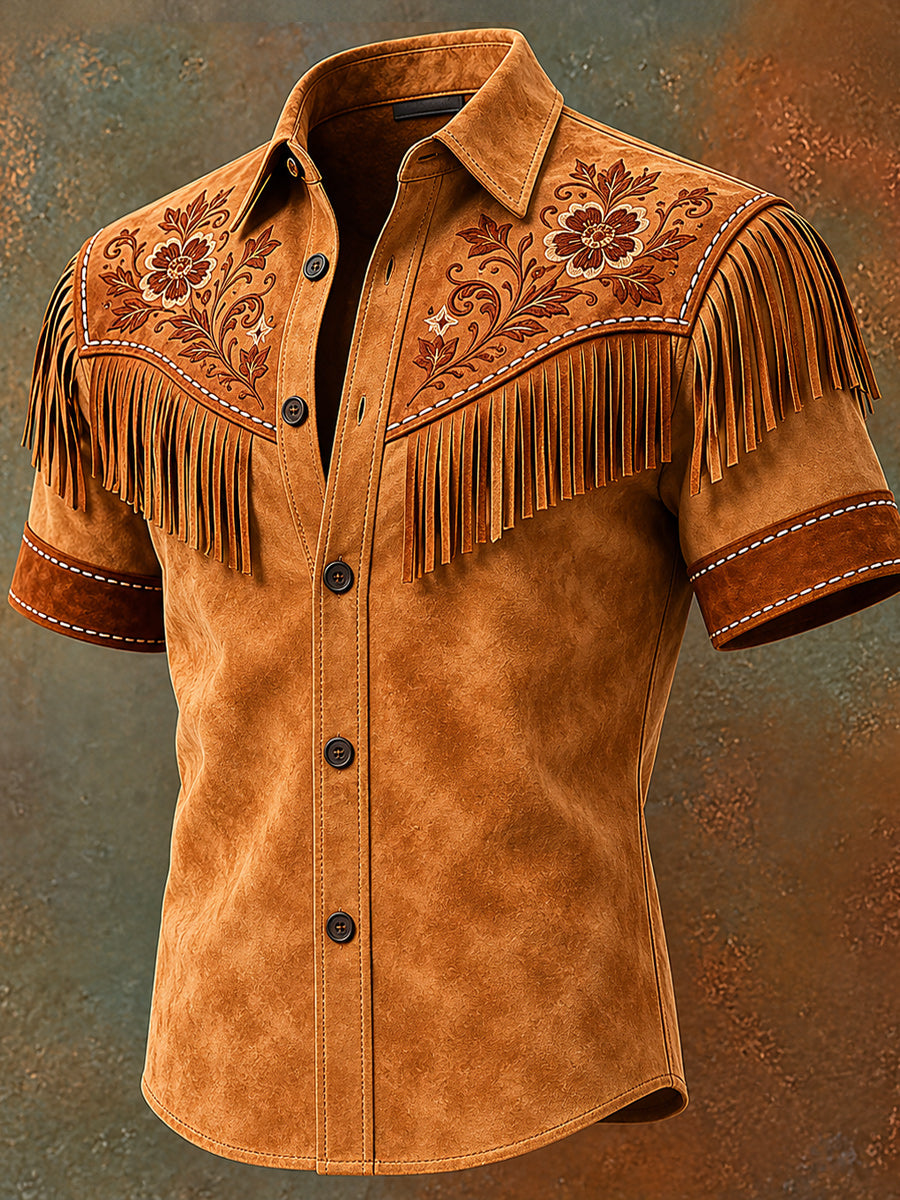 Men's Retro Western Printed Vintage Tassel Casual Short Sleeves Shirt