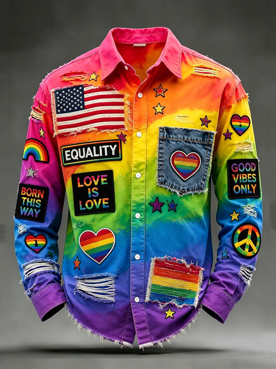 Retro Pride Month Rainbow Art Print Cotton Vintage Casual Cotton Long Sleeve Shirt