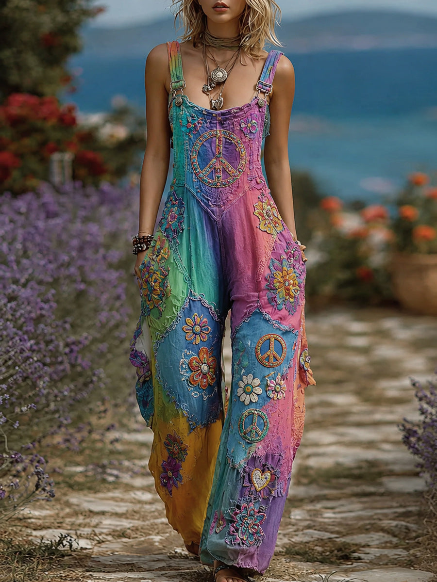 Women's Retro Style Art Print Washed Cotton Denim Patchwork Jumpsuit