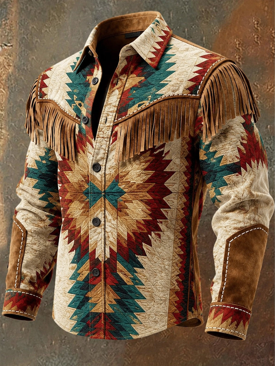 Men's Retro Style Art Print Western Vintage Tassel Casual Long Sleeve Shirt