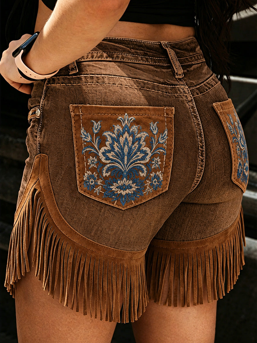 Women's Retro Floral Art Print Casual Leather Fringe Patchwork Pocket Shorts