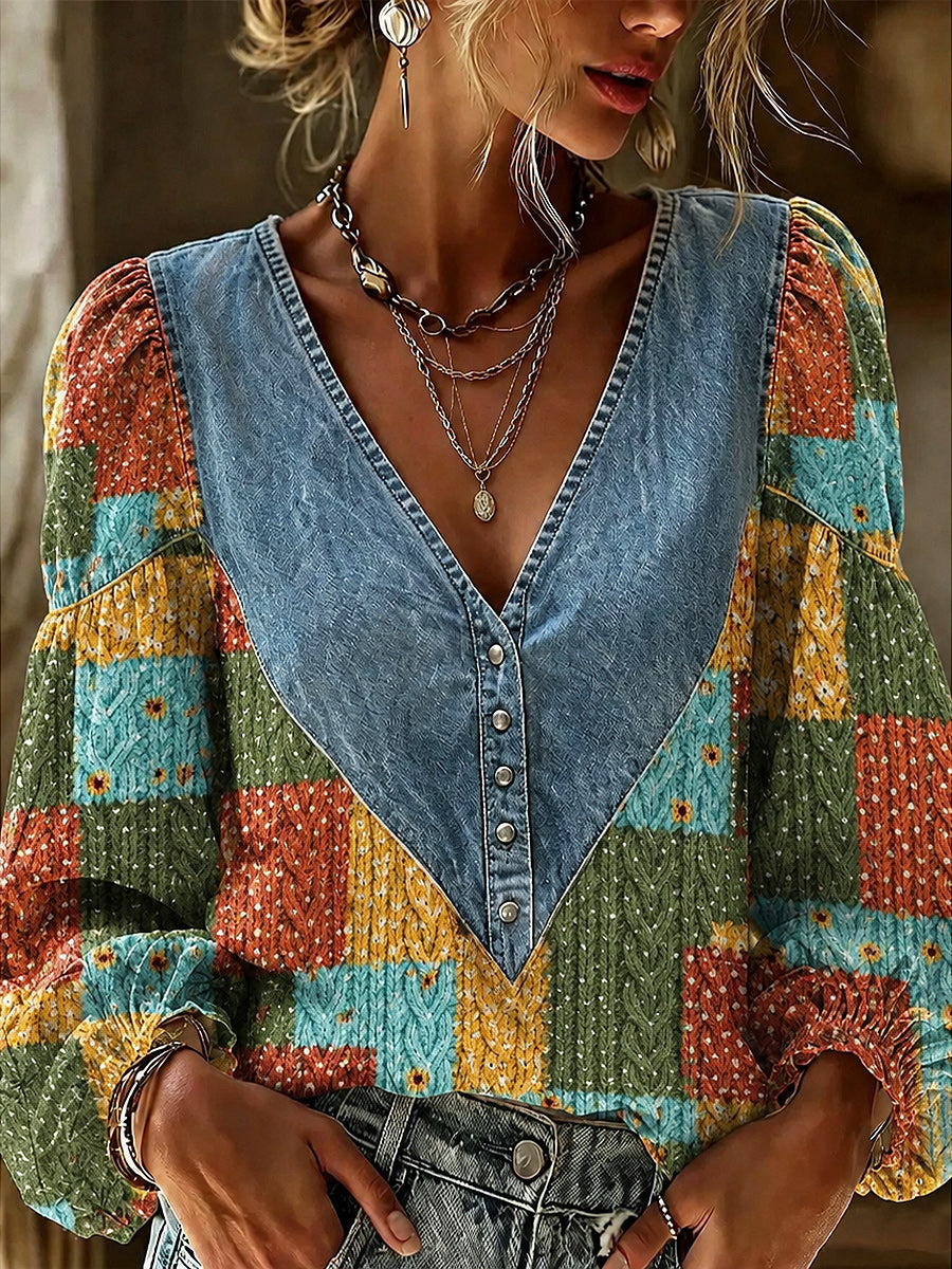 Retro Style Denim Patchwork Art Printed Vintage V-Neck Casual Long Sleeve Shirt
